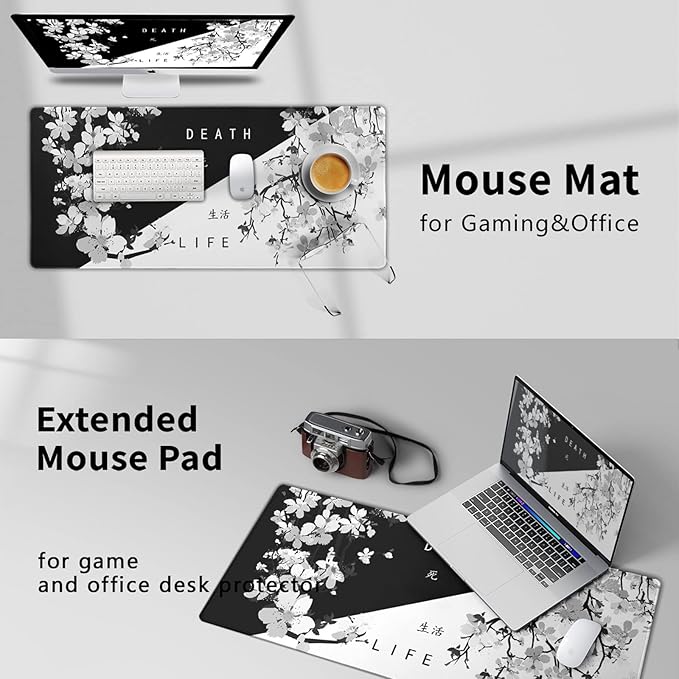 Black White Japanese Mouse Pad 35.4 X 15.7 Inch XXL Cherry Blossom Death Life Full Desk Mousepad Extended Large Non-Slip Rubber Base Big Keyboard Mat with Stitched Edges for Gaming and Office