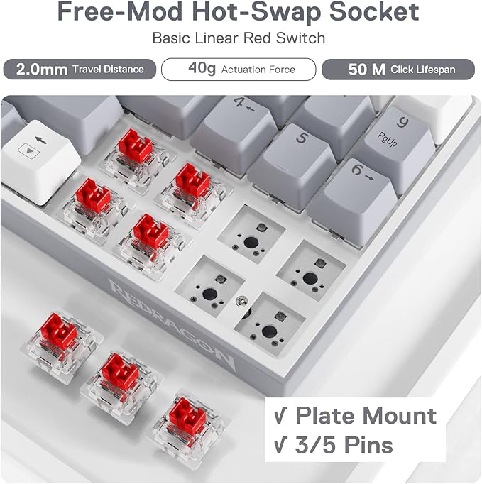 Redragon K628 Pollux 75% Wired RGB Gaming Keyboard, 78 Keys Compact Mechanical Keyboard w/100% Hot-Swap Socket, Free-Mod Plate Mounted PCB & Dedicated Arrow Keys, Quiet Red Switch