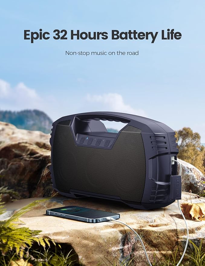 IPX7 Waterproof Outdoor Bluetooth Speaker, Wireless, 90W(Peak), 32H Playtime, Floating Design, Deep Bass & Loud Stereo Sound, Portable with Handle, Rugged for Pool, Beach, Kayaking, Hiking, Navy Blue