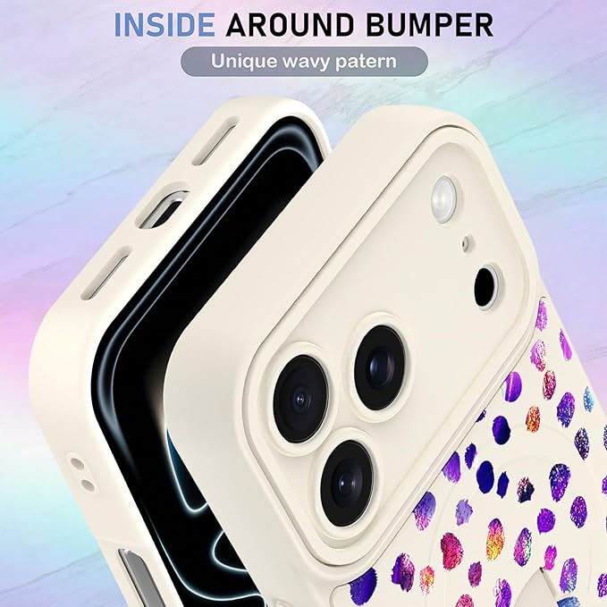 KANGHAR Compatible with iPhone 17 Pro Max Case, Support for MagSafe, Silicone Cute Iridescent Pattern Leopard Print Cheetah, Wristband Kickstand Shockproof Soft Slim Cover for Girls Women, White