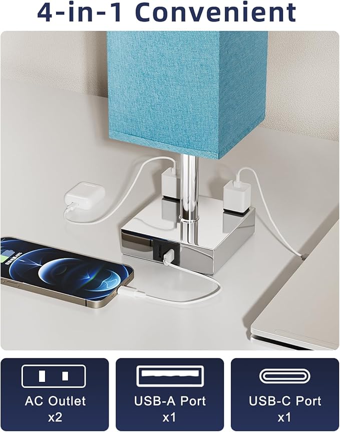 Touch Bedside Table Lamp For Nightstand - 3-Way Dimmable Night Lamp with USB A + Type C Charging Ports and two AC Outlets, Small Desk Light with E26 Bulb for Bedroom Living Room Dorm, Turquoise