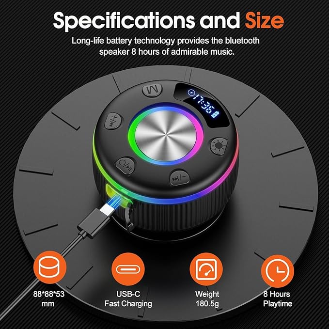 Bluetooth Shower Speaker, IP7 Waterproof Portable Bluetooth 5.3 Speakers with Suction Cup, Mini Wireless Speaker with RGB Lights Time Display, Loud Stereo Sound for Bathroom Beach Outdoor Party Gift
