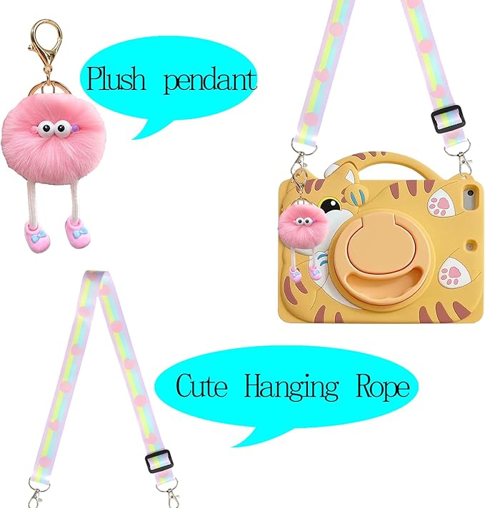 3D Cute Vivid Cat Case for iPad mini 1st 2nd 3rd 4th 5th Gen 7.9 inch,Kawaii Cartoon Character Pretty Cat Soft Silicone Rotating Stand Case with Lanyard for Kids Teens Girls Women