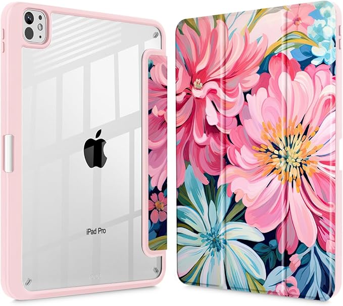 May Chen for iPad Pro 13 Inch Case M5 2025 / M4 2024, Built Pencil Holder & Clear Transparent Print Back Shell Slim Stand Shockproof Tablet Cover, Auto Wake/Sleep, Flowers Painting