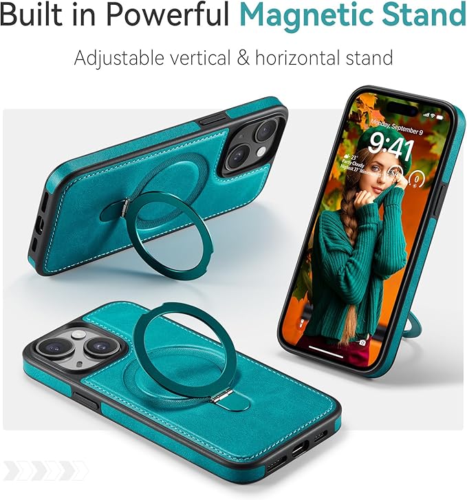 for iPhone 14 Plus Case with Stand Compatible with Magsafe Slim PU Leather & Durable TPU Drop Proof Magnetic Kickstand Protective Cover with Tempered Glass Screen Protector 6.7", Turquoise