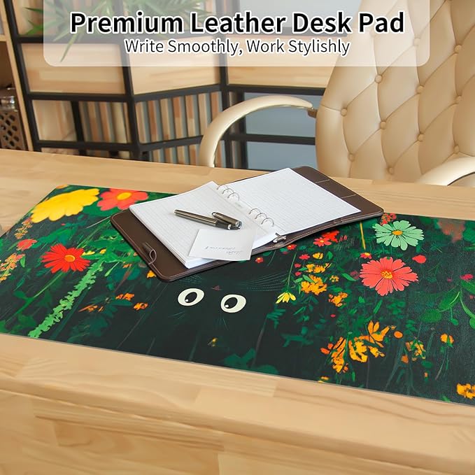 Bloss Green Mouse Pad, Clearance Overstock Limited Stock Discontinued Size Large Floral Plants Desk Pads for Desktop, Cute Black Carton Cat Leather Desk Mat, Computer Laptop Desk Mat,31.5"x15.7"