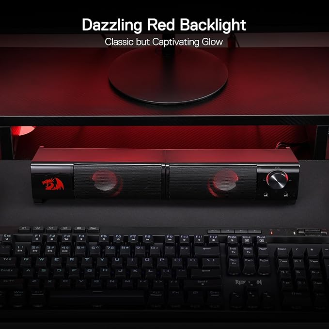 Redragon GS550 PC Gaming Speakers, 2.0 Channel Desktop Computer Sound Bar with Compact Maneuverable Size, Headphone Jack, Quality Bass & Decent Red Backlit, USB Powered w/ 3.5mm Cable