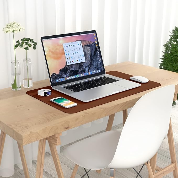 Hsurbtra Desk Pad, 23.6" x 13.8" PU Leather Desk Mat, M Extended Mouse Pad, Waterproof Desktop Blotter Protector, Non-Slip Ultra Thin Small Laptop Keyboard Writing Mat for Office Home, Brown