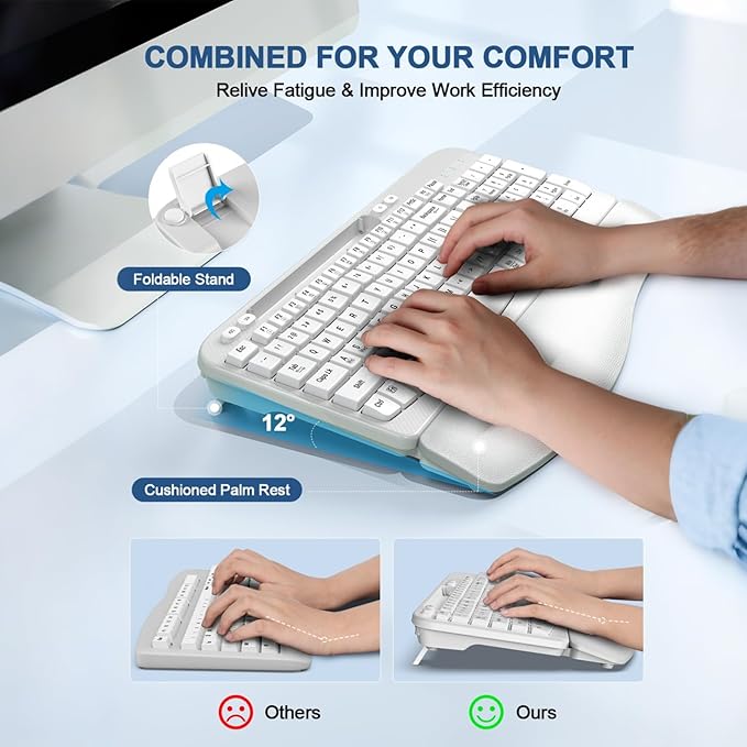 Ergonomic Wireless Keyboard with Cushioned Wrist Rest, Wave Keys, Phone Holder, Comfortable Natural Typing, 2.4GHz Full Size Cordless USB Computer Keyboard for Windows, Mac OS, Laptop, PC (White)