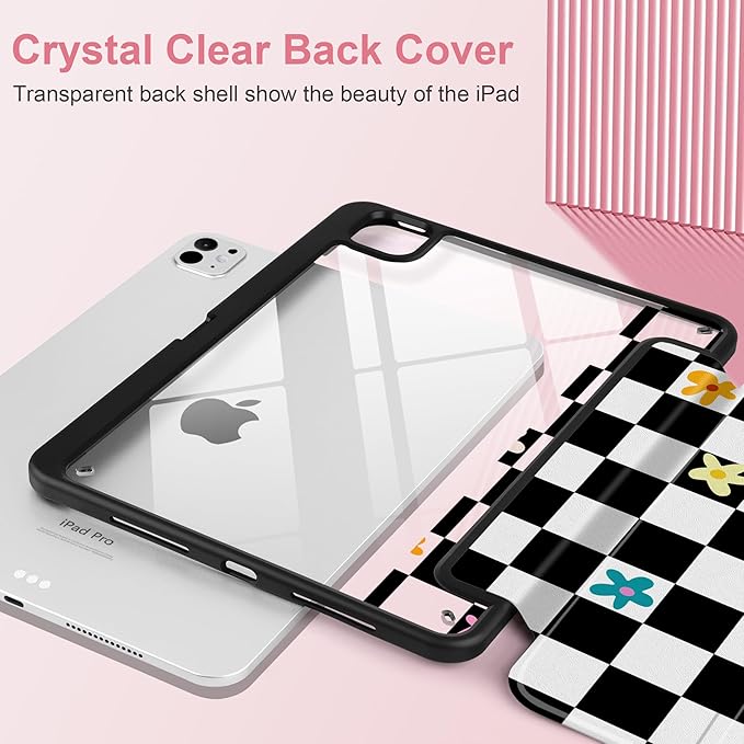 Case for iPad Pro 11 inch (M5) 2025 (M4) 2024 Release Slim Lightweight Cute Black Leather Cover with Clear Back TPU Edge Pencil Holder Trifold Stand, Grid