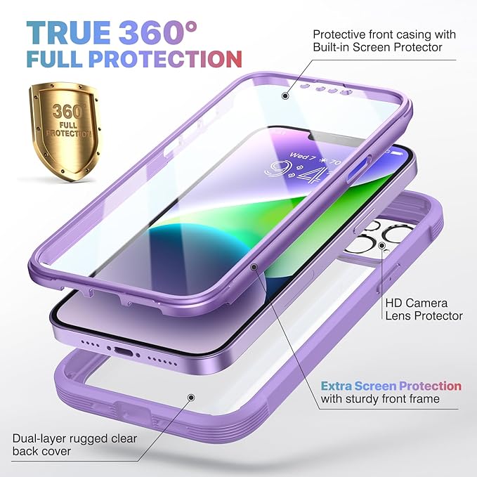 Diaclara Designed for iPhone 14 Plus Case, Full Body Rugged Case with Built-in Touch Sensitive Anti-Scratch Screen Protector, with Camera Lens Protector for iPhone 14 Plus 6.7" (Peri Purple)