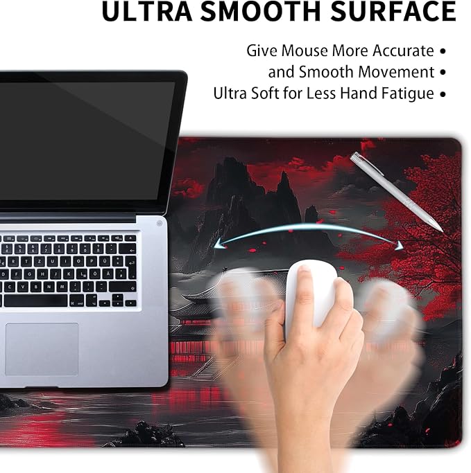 Japanese Mouse Pad Large Riverside Full Moon Desk Mat Black Red Mouse Pad Gaming 35.4"x15.7" Long Keyboard Pad Mouse Mat with Stitched Edges Non-Slip Base Computer Pc Desk Pad for Office Work Home