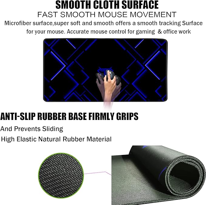 TEDNETGO Large Extended Gaming Mouse Pad, Long Mouse Pads, Extra Large Big Mouse Pad with Stitched Edge, XXL Non-Slip Computer Computer Keyboard Mat for Gamer/Desktop/Office/Home,Blue