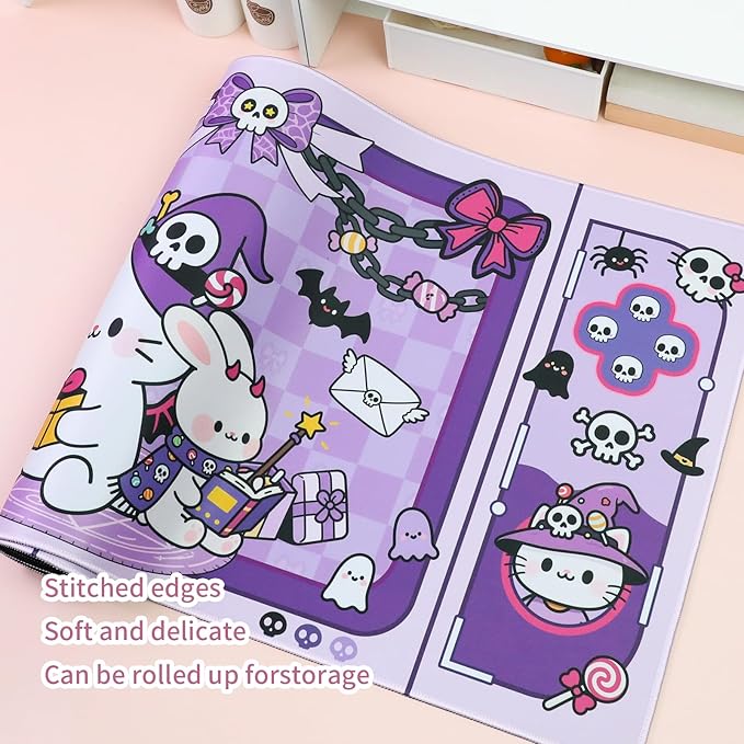 PERFECTSIGHT Cute Cat Desk Pad Kawaii Kitty Desk Mat, Large Gaming Mouse Pad, Funny Halloween Deskmat Mousepad, Anime Laptop Keyboard Pad Office Home Decor for Women Girls, Purple
