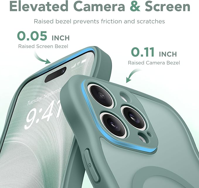 CAPRARO Cute for iPhone 15 Pro Max Case, Compatible with MagSafe, [Curly Wave Edge] [Full Camera Protection] [14 FT Drop Protection] Magnetic Phone Case for 15 Pro Max 6.7 Inch, Midnight Green