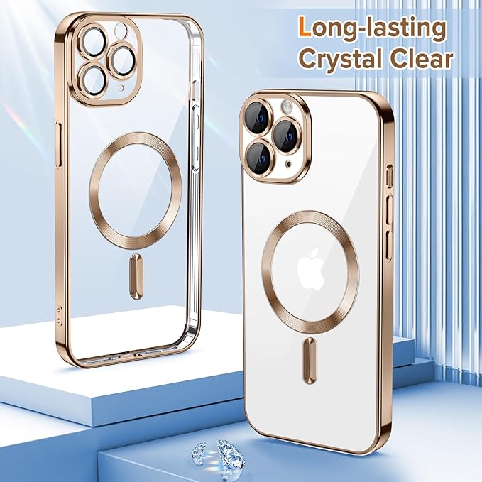 Hython Magnetic Clear for iPhone 11 Pro Max Case with Camera Lens Protector [Compatible with MagSafe] Plating Edge Slim Soft TPU Cover Protective Phone Case for iPhone 11 Pro Max 6.5", Desert Brown