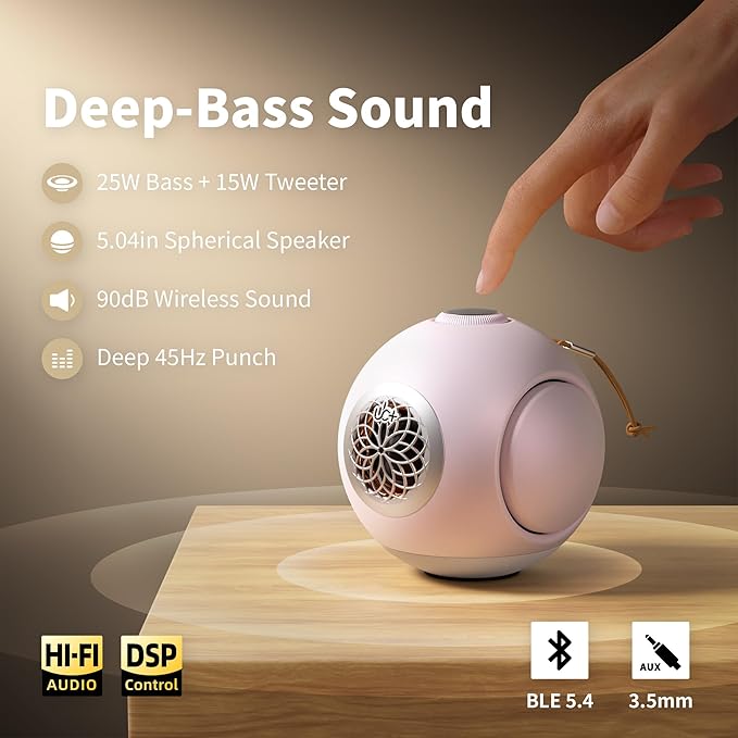 UB+ dBMiNi Waterproof Portable Bluetooth Speaker, 40W Peak Dual Subwoofers Deep Bass Wireless Speaker for Outdoor/Garage/Home/Office, IPX5 Rugged Travel Speaker (Petal Pink)