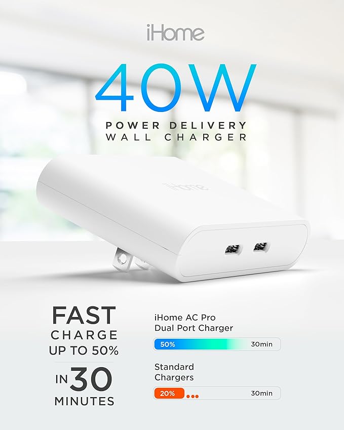 iHome Multiport 40W USB-C Charger, AC Pro 2-Port Flat Block, Dual Fast Charging Wall Adapter