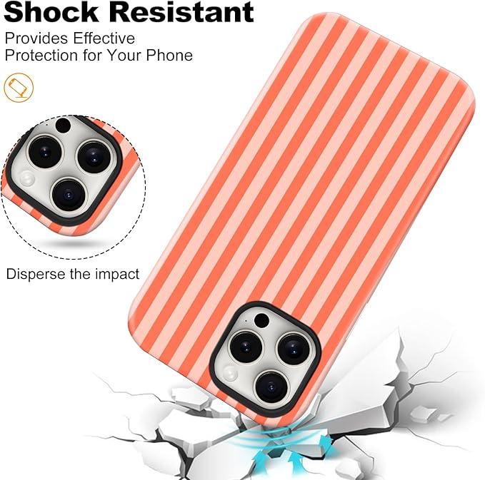 Magnetic for iPhone 15 Pro Case Cute Stripes Phone Case, Shockproof Slim TPU and Hard PC Protective Phone Cover Compatible with MagSafe Designed for Women Girls, Deep Orange