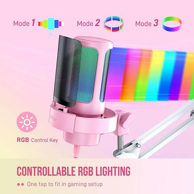 FIFINE USB Streaming Microphone with Boom Arm, Gaming Mic Kit for PC PS4/PS5, Podcast Microphone for Podcast with RGB Control, Mute Button, Gain Knob, Headphones Jack, Pop Filter-A8T Pink