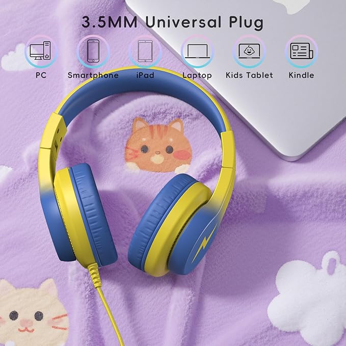 Candy Bila Kids Headphones, Wired Headphones for Kids Over Ear with Microphone, 85/94dB Volume Limiter Headphone for Girls Boys, Foldable Headphone for Learning & Entertainment, Light Yellow