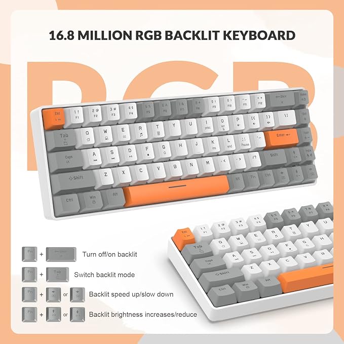 ZIYOU LANG RK-T8 Wired 65% Mechanical Gaming Keyboard with RGB LED Backlit Anti-ghosting TKL Mini 68 Key Custom Coiled C to A Cable Linear Red Switch for PS4 PS5 Xbox PC Mac Gamer(Gray/White/Orange)