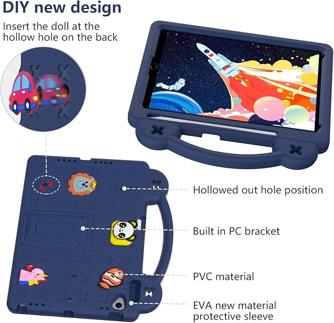 Dteck for iPad 9th/8th/7th Generation 10.2" Kids Case,Cute Panda Shockproof Rugged Lightweight Convertible Handles Stand Pencil Holder Kids Friendly Case for iPad 10.2 inch 2021/2020/2019,Navy Blue