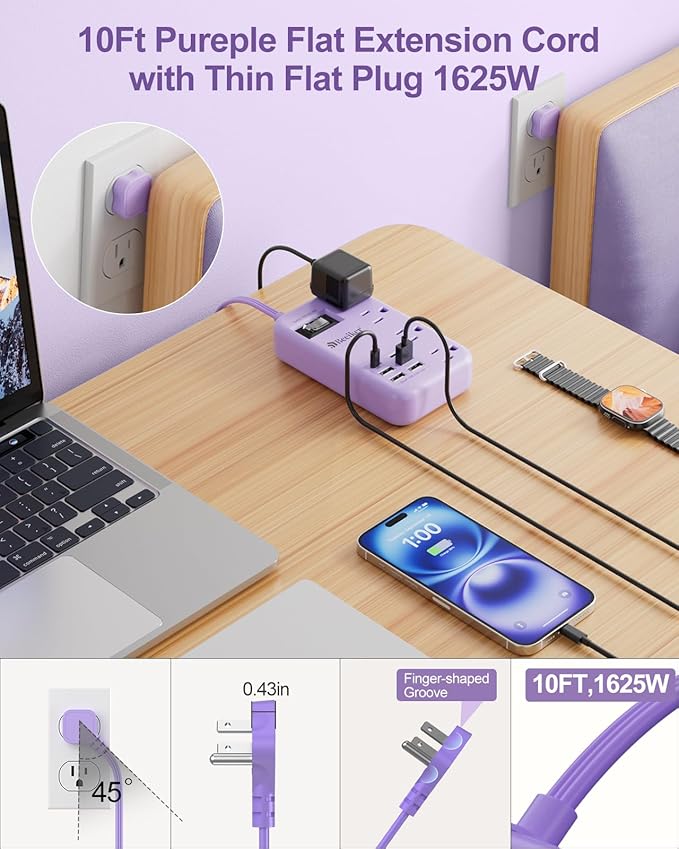 Beeiker 6 USB(2 USB C) Purple Surge Protector Power Strip- 10 Ft Purple Extension Cord with 24W USB Charging Station and 4 Outlets, Pink Desk Accessories for Cute Kawaii Lavender Travel Dorm Room