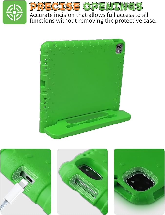 for iPad Pro 13 inch Case 2024 with Pencil Holder and Anti-Slip Hand Stand, Super Protection Rugged EVA Shockproof Kids Cover Compatible with iPad Pro 13-inch (M4)-Green