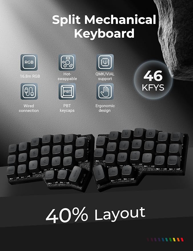 YIVU CORNE V4 Wired Split Mechanical Keyboard, 40% 3x6 Ortholinear Layout, Ergonomic Support, QMK/Vial Programmable, Hot-swappable RGB Gaming Keyboard, Pre-Lubricated Linear Switches