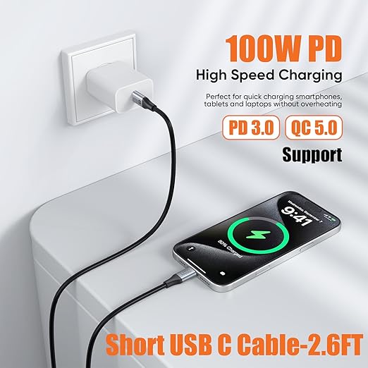 Short USB C to USBC Data Cable (8K,10Gbps, 100W PD) 2-Pack 30in,100W Charging for Car, USBC Monitor Cord, USB 3.2 Gen 2 for Car, External SSD,Dock,Portable Monitor, phone,Laptop,iPad Pro,Camera-2.6FT