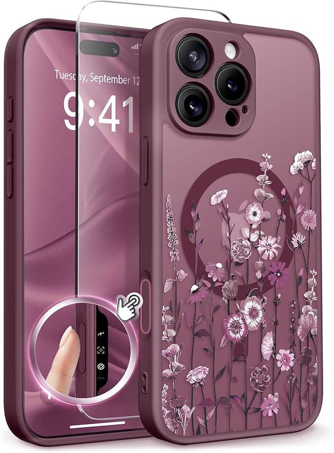 GVIEWIN for iPhone 16 Pro Max Case Compatible with MagSafe, [Military Grade Protection] [Screen Protector] Full Camera Protection Floral Translucent Women Magnetic Phone Case, Floratopia/Burgundy