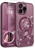 GVIEWIN for iPhone 16 Pro Max Case Compatible with MagSafe, [Military Grade Protection] [Screen Protector] Full Camera Protection Floral Translucent Women Magnetic Phone Case, Floratopia/Burgundy