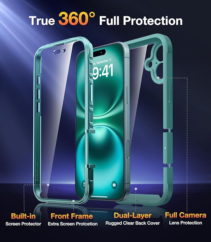 Diaclara Designed for iPhone 16 Case, Full Body Rugged Case with Built-in Touch Sensitive Anti-Scratch Screen Protector, Upgraded [Full Camera Protection] for iPhone 16 6.1" (Teal)