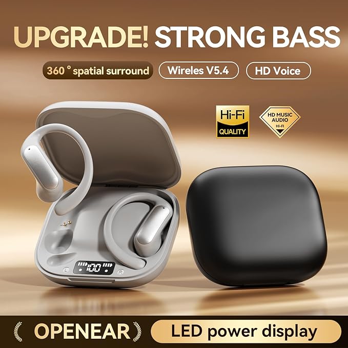 TINGER Open Ear Bluetooth Headphones 5.4 - IPX5 Waterproof Wireless Sports Earbuds,18H Playtime with Digital Power Display, Ultra-Light Weight Design for Cycling/Running/Gym (Silver)