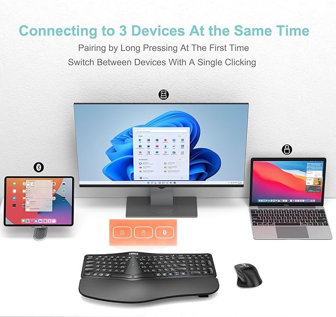 Arteck Ergonomic Keyboard with Cushioned Wrist Palm Rest, Multi-Device Wireless Bluetooth with USB-A USB-C Receiver Comfortable Ergonomic Split Keyboard, for Windows Computer Laptop PC Tablet