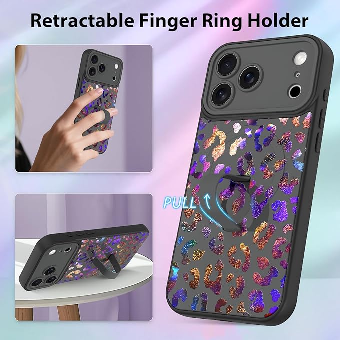 KANGHAR Compatible with iPhone 17 Pro Max Case, Support for MagSafe, Silicone Cute Iridescent Leopard Cheetah Pattern, Wristband Kickstand Shockproof Protective Slim Cover for Women Girls, Black
