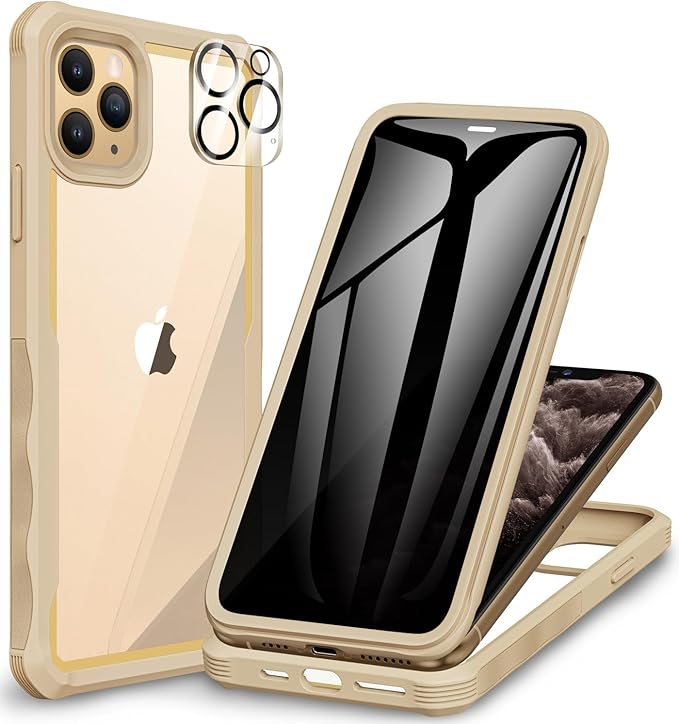CENHUFO Privacy for iPhone 11 Pro Max Case, Full Body Phone Case with Built-in 9H Tempered Glass Privacy Screen Protector and Camera Lens Protector, Anti Peep Shockproof Bumper Clear Cover - Beige