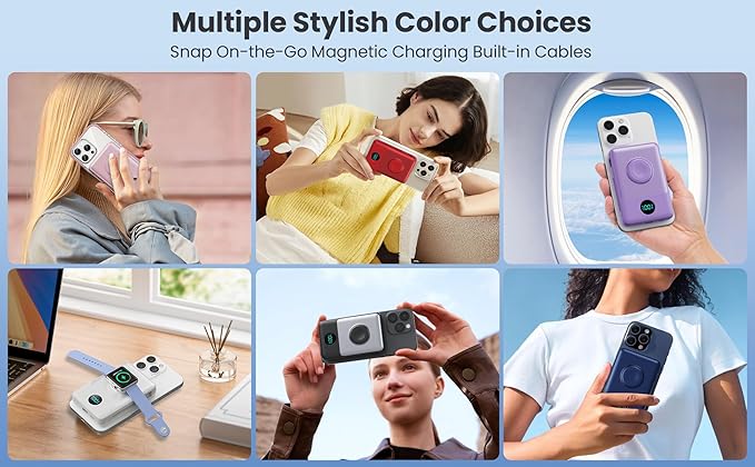 Magnetic Portable Charger for MagSafe with Built-in Cable,iWatch Charger,10800mAh Wireless Power Bank Travel Essentials,25W PD Fast Charging Battery Pack for iPhone 17/16/15/14/13/12,Apple Watch-Red
