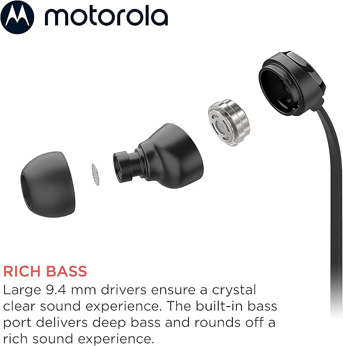 Motorola Earbuds 3-S Wired Earbuds with Microphone - Corded in-Ear Headphones, Comfortable Lightweight Silicone Ear Buds, Non-Tangle Flat Cable, 9.4mm Drivers Clear Bass Sound - Black