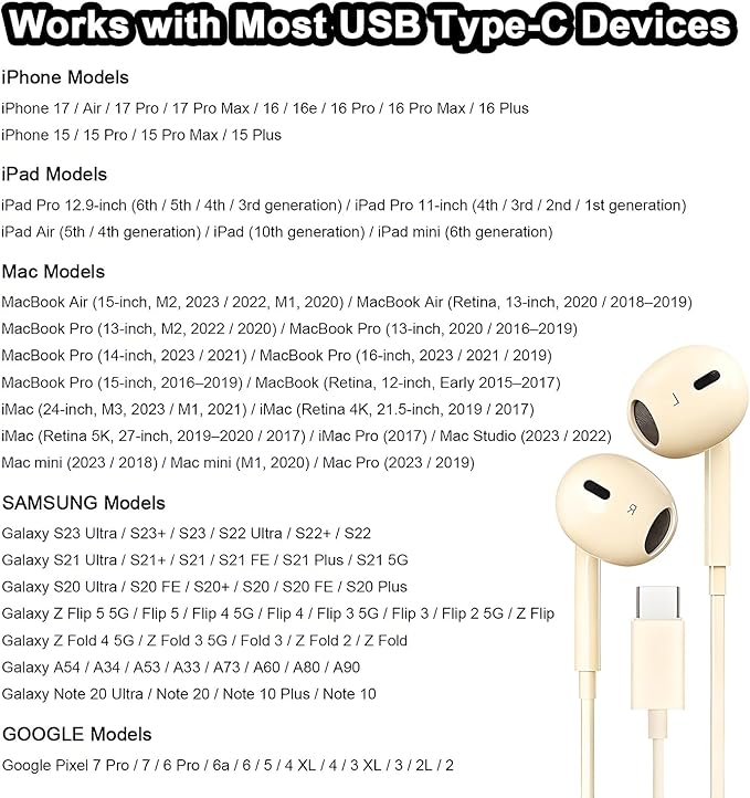 2 Packs USB C Headphones for iPhone 16/15 Phone Earbuds with Microphone & Volume Control HiFi Stereo Type C Earphones for Galaxy S23/S22/S21/S20/Ultra Note 10/20, for Pixel 7/6/6a/5/4,for OnePlus 9 8