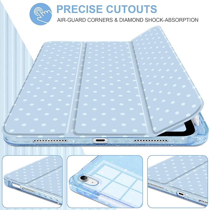 DONGKE for iPad Pro 11 inch Case – Fits M5 2025 / M4 2024, Shockproof Sparkling Glitter Acrylic Back, Pencil Holder, Trifold Stand, Auto Sleep/Wake & Touch ID Support - Blue Polka Dot