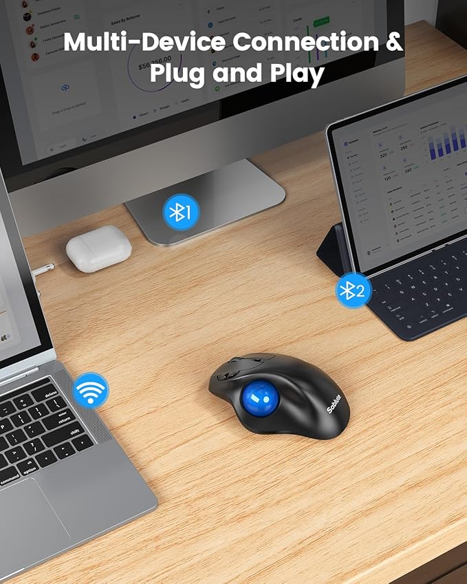 SABLUTE MAM2 Wireless Trackball Mouse with 5-Level DPI, Ergonomic Mouse Wireless 2.4G Plug-and-Play for 3 Devices (Bluetooth or USB Receiver), 500mAh Battery, Compatible with PC/Laptop/Mac-Blue Ball