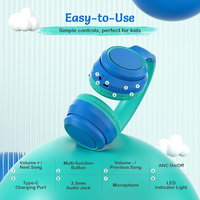 TONOSHARK Kids Bluetooth Headphones with Active Noise Cancelling, Wireless Over-Ear Headphones for Boys Girls, Foldable, Adjustable, 40H Playtime, Mic for School Travel(Blue)