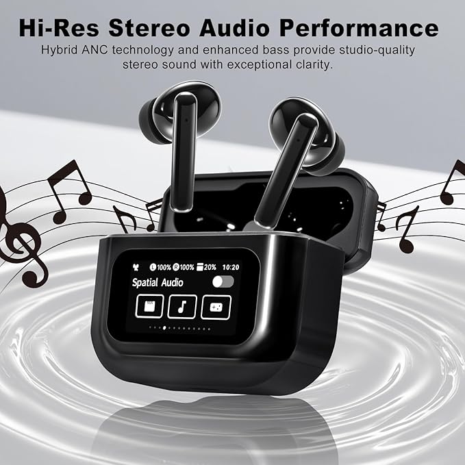 Wireless Earbuds, Bluetooth 5.4 Ear Buds with Touch Screen, ANC/ENC Noise Cancelling Earbuds with Charging Case, IPX7 Waterproof, 6 EQ Modes, 40H Playtime Stereo Sound Earphones for iOS Android(Black)