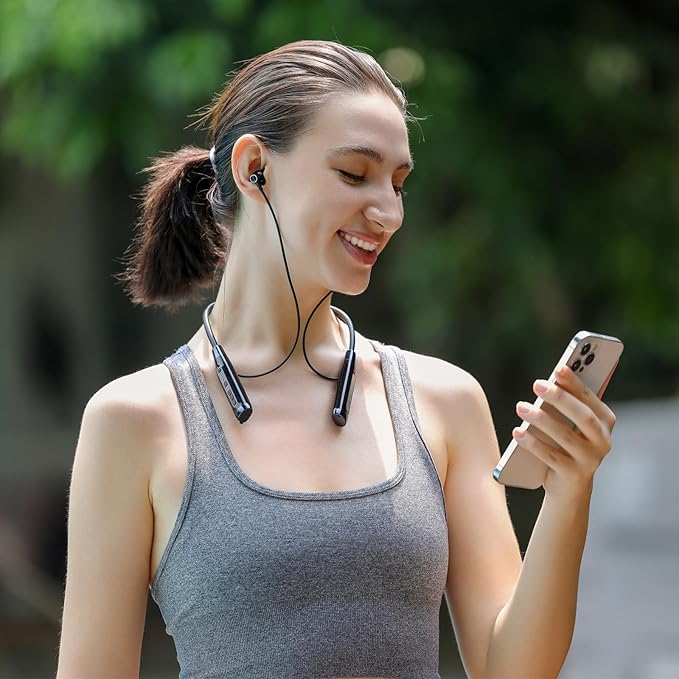 LANDIBO Wireless Bluetooth 5.0 Neck Earbuds with 100 Hours of Playback, IPX5 Waterproof Sports Earphones with Microphone, Magnetic, TF Card Slot, for Gym Running Exercises (A12)