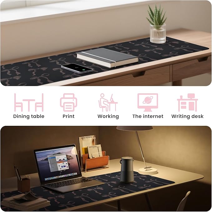 Black Desk Mat with Bows, Large Bow Mouse Pad Keyboard Mat for Computer Laptop Non-Slip Rubber Base Gaming Mousepad, Cute Black Desk Accessories Girly Office Desk Mat for Teen Girls Women 35.4 x 15.7
