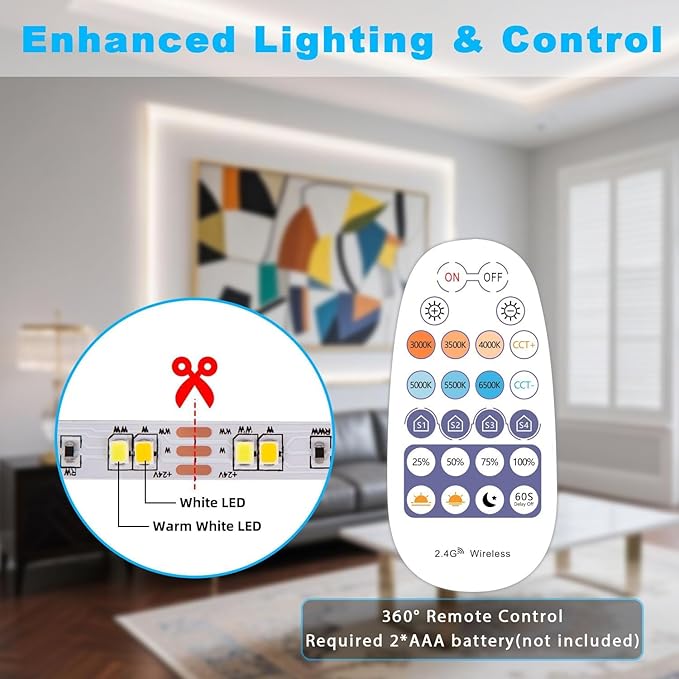 66FT White LED Strip Lights 3000K-6500K Dimmable, Smart Strip Light Alexa Compatible, 24V WiFi Flexible Tape LED with APP & RF Remote, Cabinet Lighting Self-Adhesive for Room, Kitchen
