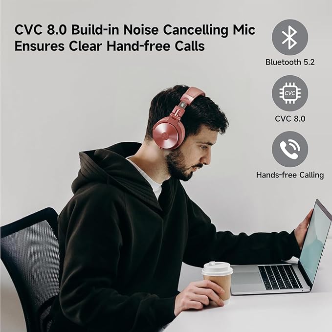 OneOdio Bluetooth Over Ear Headphones, 110 Hrs Wireless/Wired Stereo Sound Foldable Headsets with Deep Bass 50mm Neodymium Drivers for PC/Phone/Tablet - Studio Wireless Pro C, Rose Gold