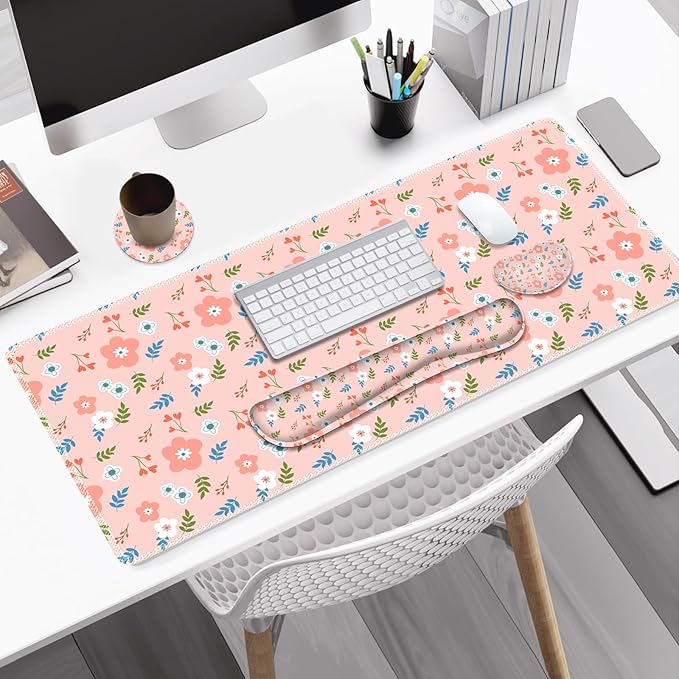 Large Gaming Mouse Pad Set, 4 in1 Ergonomics Keyboard Desk Mat with Memory Foam Wrist Rest, Computer Extended Game Mousepad, Non-Slip Desk Pad Matt Easy Typing Pain Relief I Retro Pastel Style